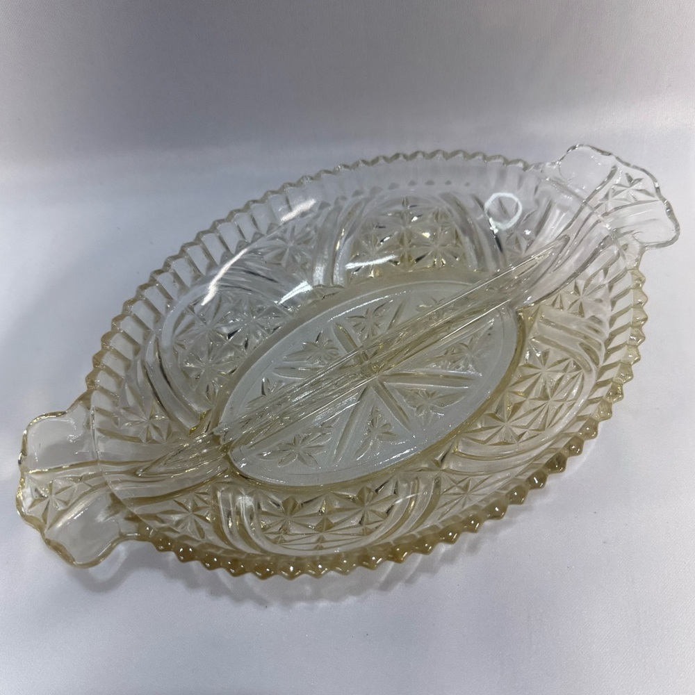 Vintage Anchor Hocking Stars And Bars Divided Oval Dish Clear Glass